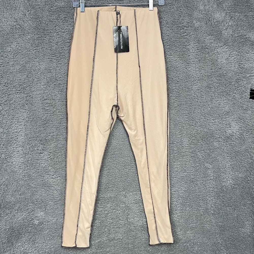 NWT Prettylittlething Women's Sz 8 Beige Cropped Leggings Detailed Mesh Seams